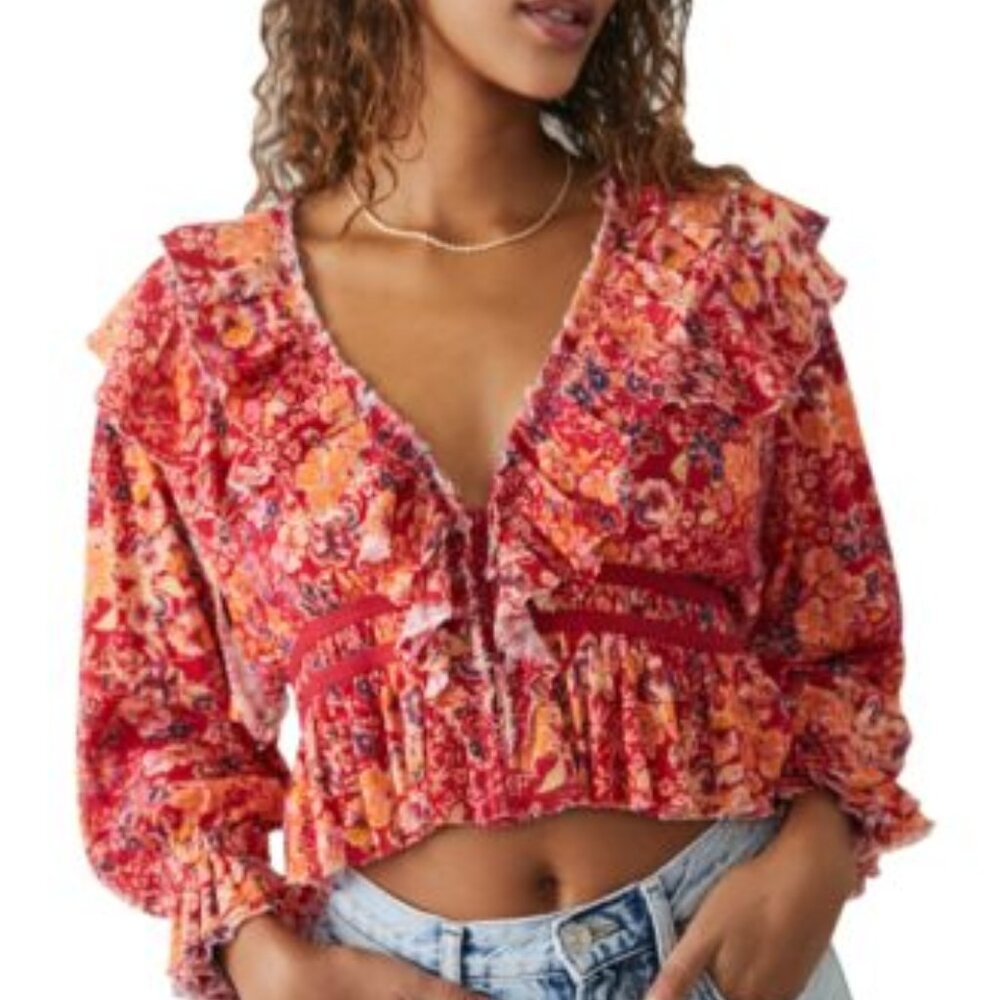 FREE PEOPLE Rudi Floral-Print Ruffle Top Size S